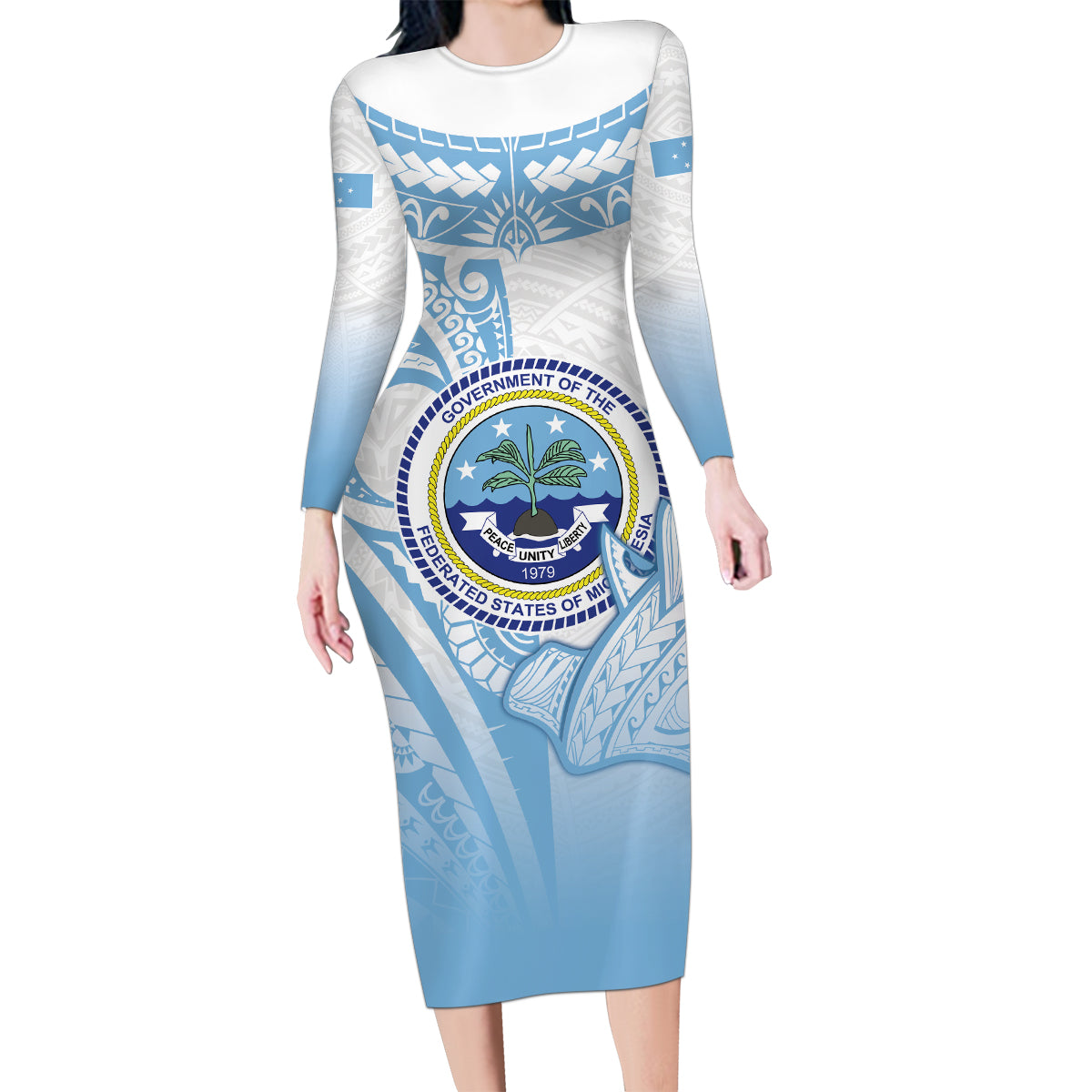 Micronesia Constitution Day Family Matching Long Sleeve Bodycon Dress and Hawaiian Shirt Polynesian Tribal Tattoo Simple Style