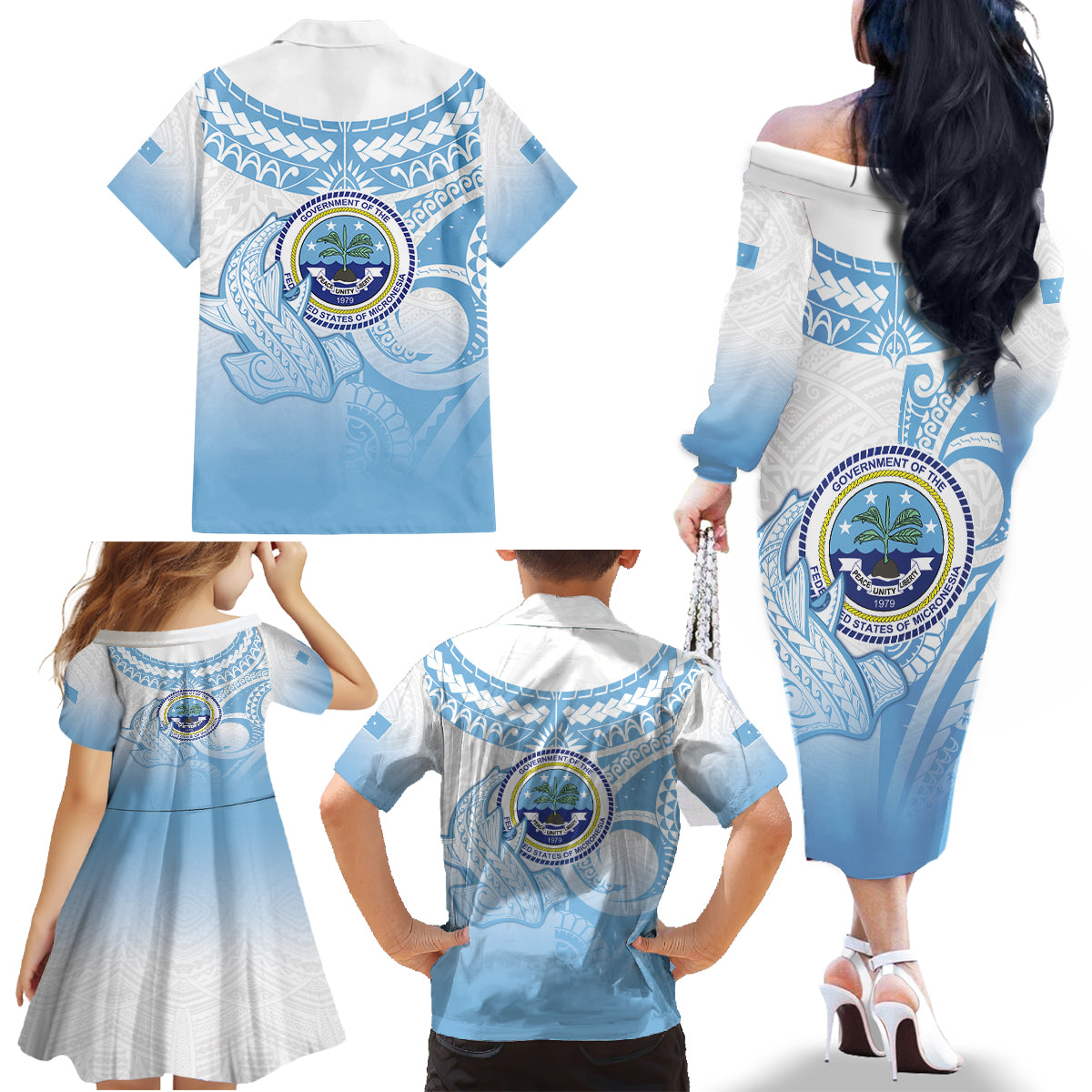 Micronesia Constitution Day Family Matching Off The Shoulder Long Sleeve Dress and Hawaiian Shirt Polynesian Tribal Tattoo Simple Style