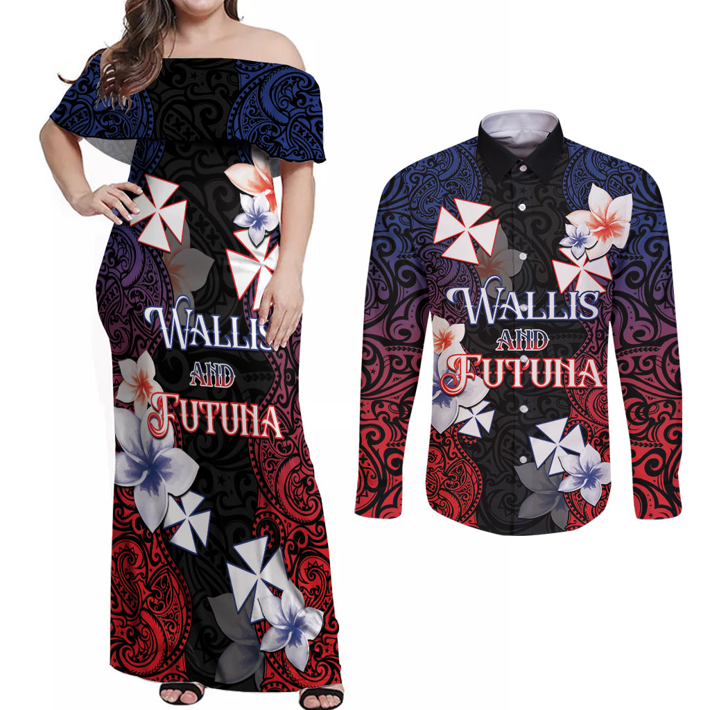 Wallis and Futuna Uvea Couples Matching Off Shoulder Maxi Dress and Long Sleeve Button Shirt Victory Day With Frangipani LT05 Black - Polynesian Pride