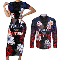 Wallis and Futuna Uvea Couples Matching Short Sleeve Bodycon Dress and Long Sleeve Button Shirt Victory Day With Frangipani LT05 Black - Polynesian Pride