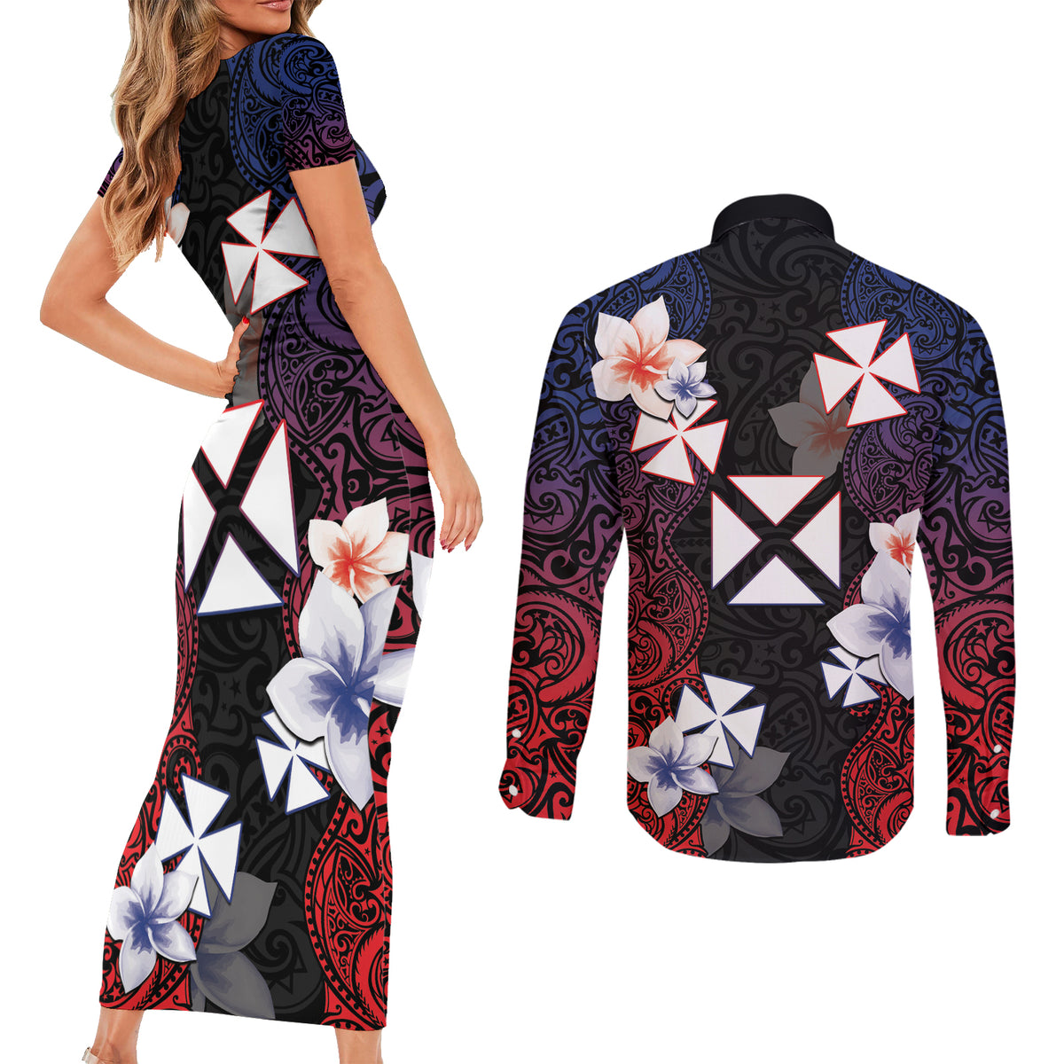 Wallis and Futuna Uvea Couples Matching Short Sleeve Bodycon Dress and Long Sleeve Button Shirt Victory Day With Frangipani LT05 - Polynesian Pride