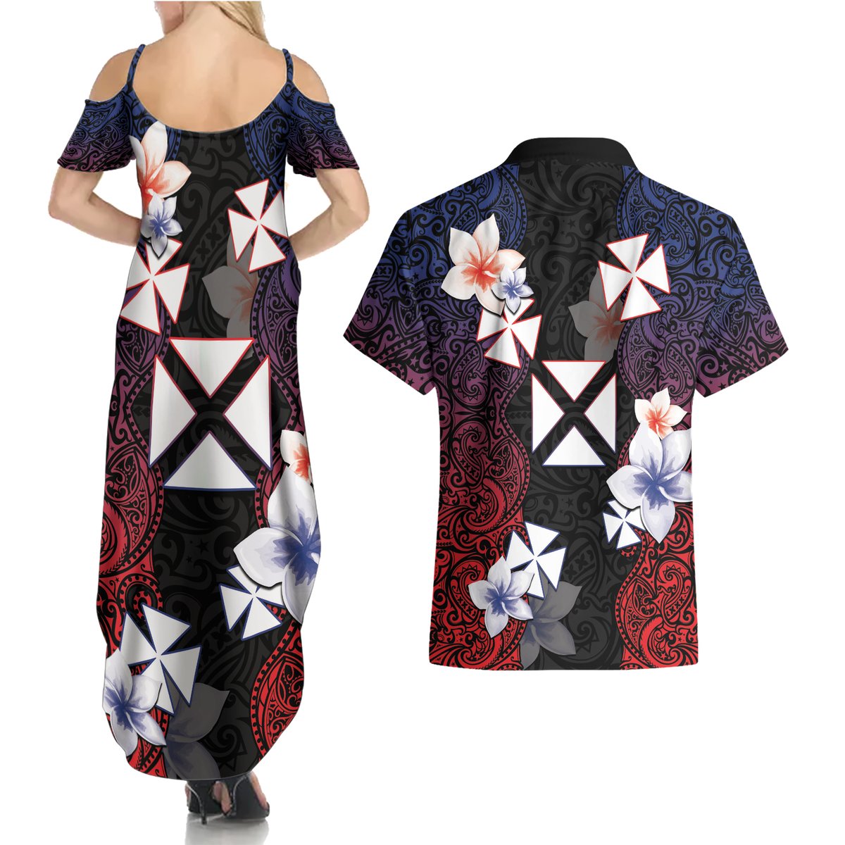 Wallis and Futuna Uvea Couples Matching Summer Maxi Dress and Hawaiian Shirt Victory Day With Frangipani LT05 - Polynesian Pride
