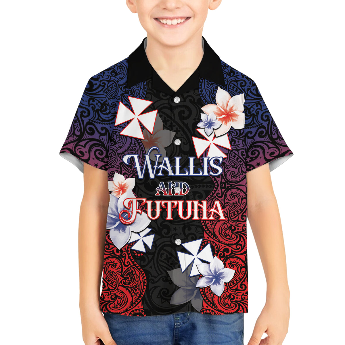 Wallis and Futuna Uvea Family Matching Off Shoulder Maxi Dress and Hawaiian Shirt Victory Day With Frangipani LT05 Son's Shirt Black - Polynesian Pride