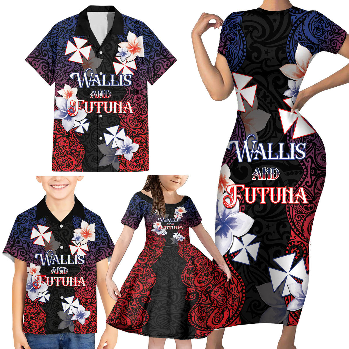 Wallis and Futuna Uvea Family Matching Short Sleeve Bodycon Dress and Hawaiian Shirt Victory Day With Frangipani LT05 - Polynesian Pride