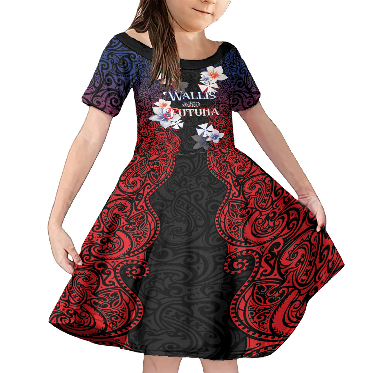 Wallis and Futuna Uvea Family Matching Tank Maxi Dress and Hawaiian Shirt Victory Day With Frangipani LT05 Daughter's Dress Black - Polynesian Pride
