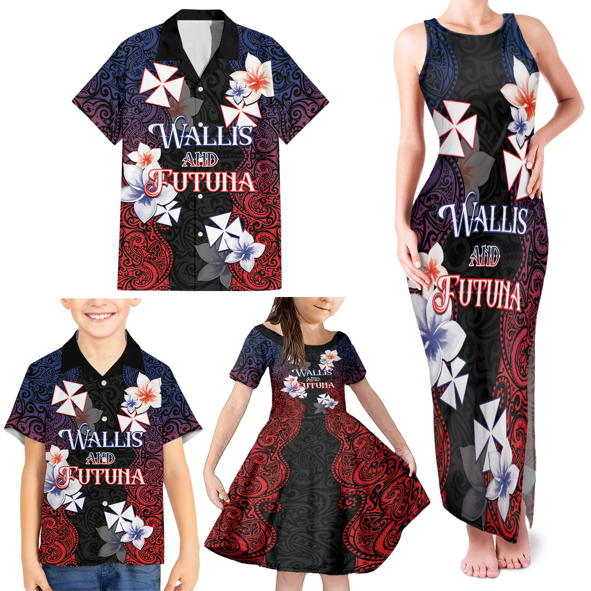 Wallis and Futuna Uvea Family Matching Tank Maxi Dress and Hawaiian Shirt Victory Day With Frangipani LT05 - Polynesian Pride