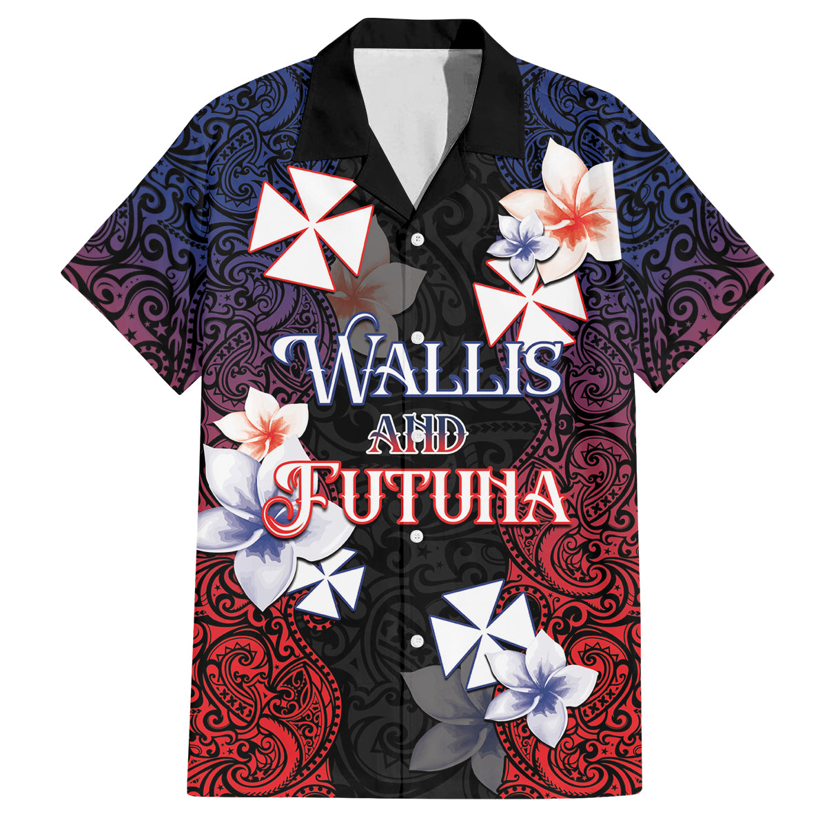 Wallis and Futuna Uvea Family Matching Tank Maxi Dress and Hawaiian Shirt Victory Day With Frangipani LT05 Dad's Shirt - Short Sleeve Black - Polynesian Pride