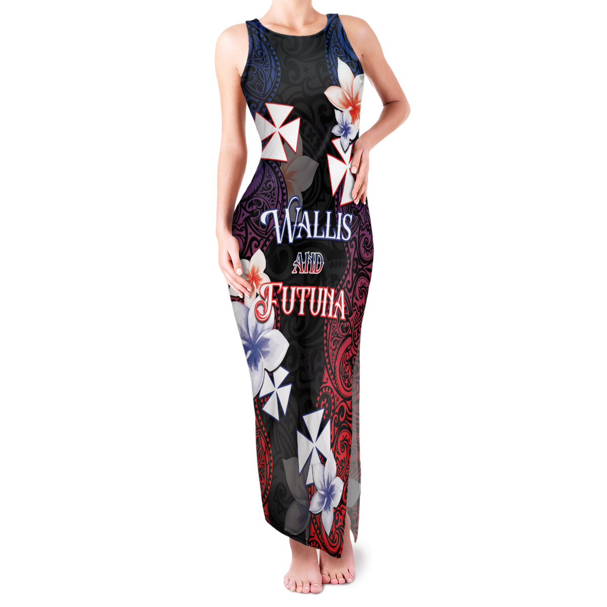 Wallis and Futuna Uvea Family Matching Tank Maxi Dress and Hawaiian Shirt Victory Day With Frangipani LT05 Mom's Dress Black - Polynesian Pride