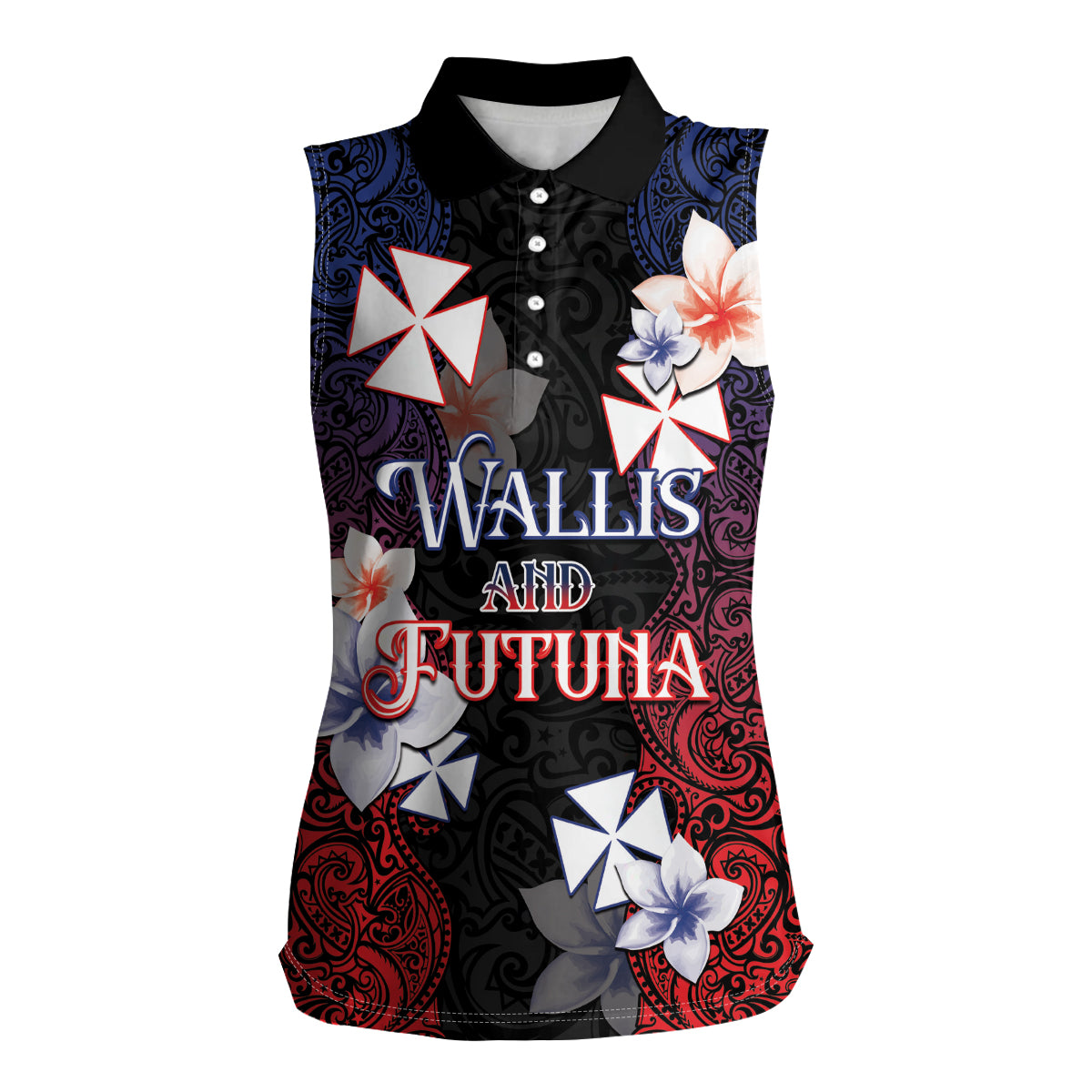 Wallis and Futuna Uvea Women Sleeveless Polo Shirt Victory Day With Frangipani LT05 Female Black - Polynesian Pride