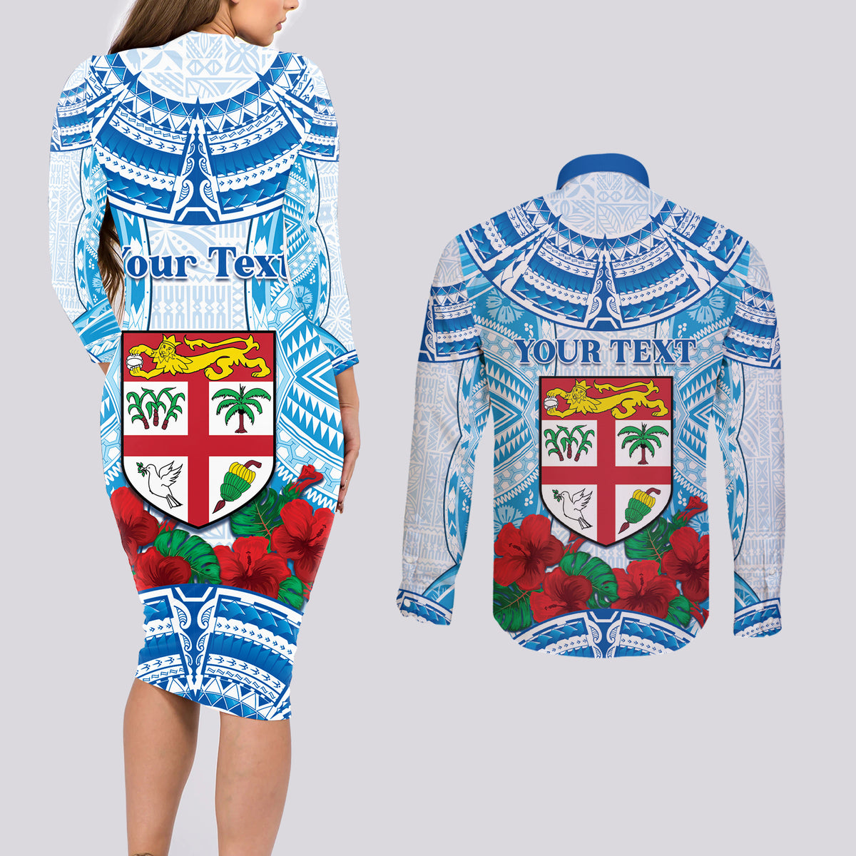 Personalised Fiji Ratu Sir Lala Sukuna Day Couples Matching Long Sleeve Bodycon Dress and Long Sleeve Button Shirt Hibiscus Tapa Pattern