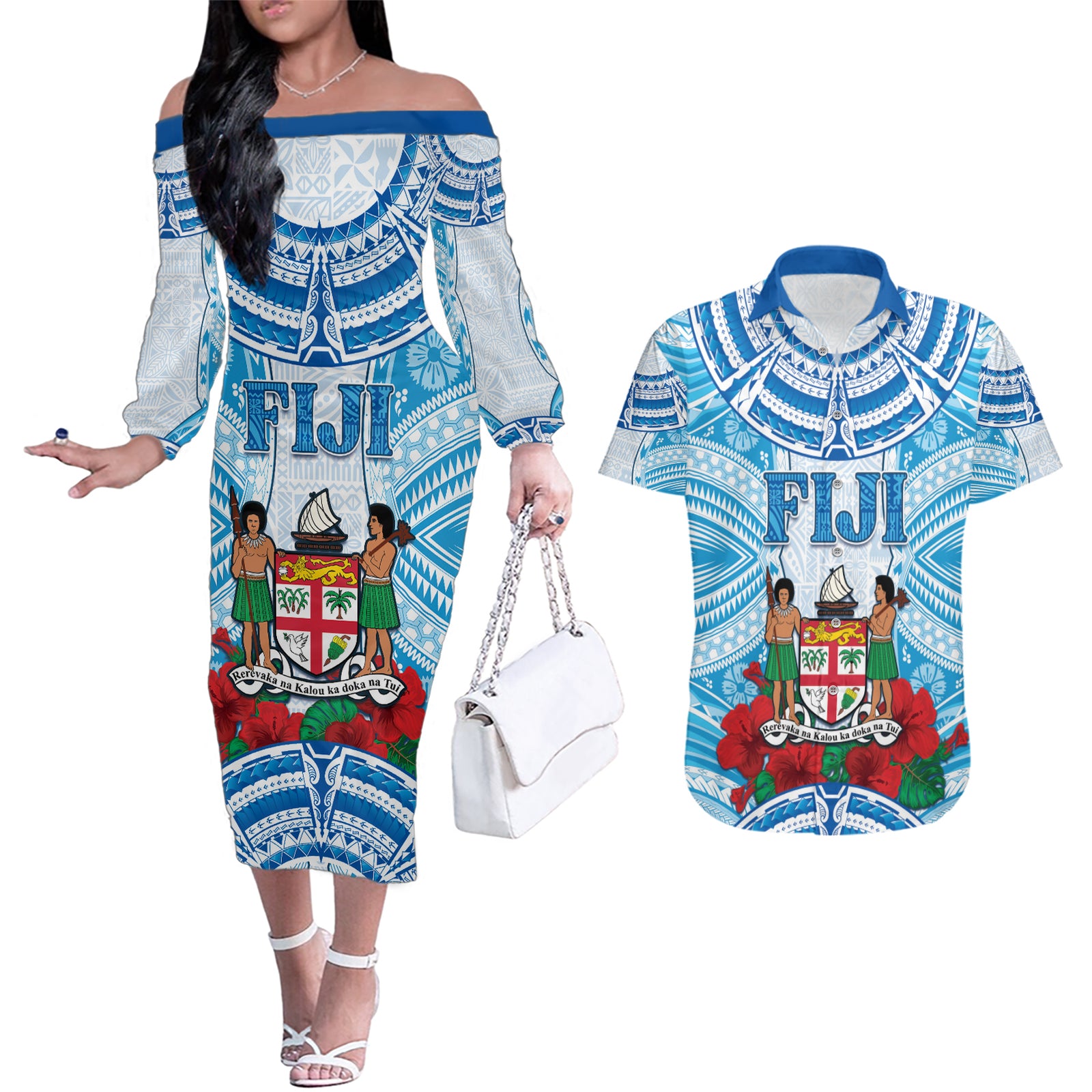 Personalised Fiji Ratu Sir Lala Sukuna Day Couples Matching Off The Shoulder Long Sleeve Dress and Hawaiian Shirt Hibiscus Tapa Pattern