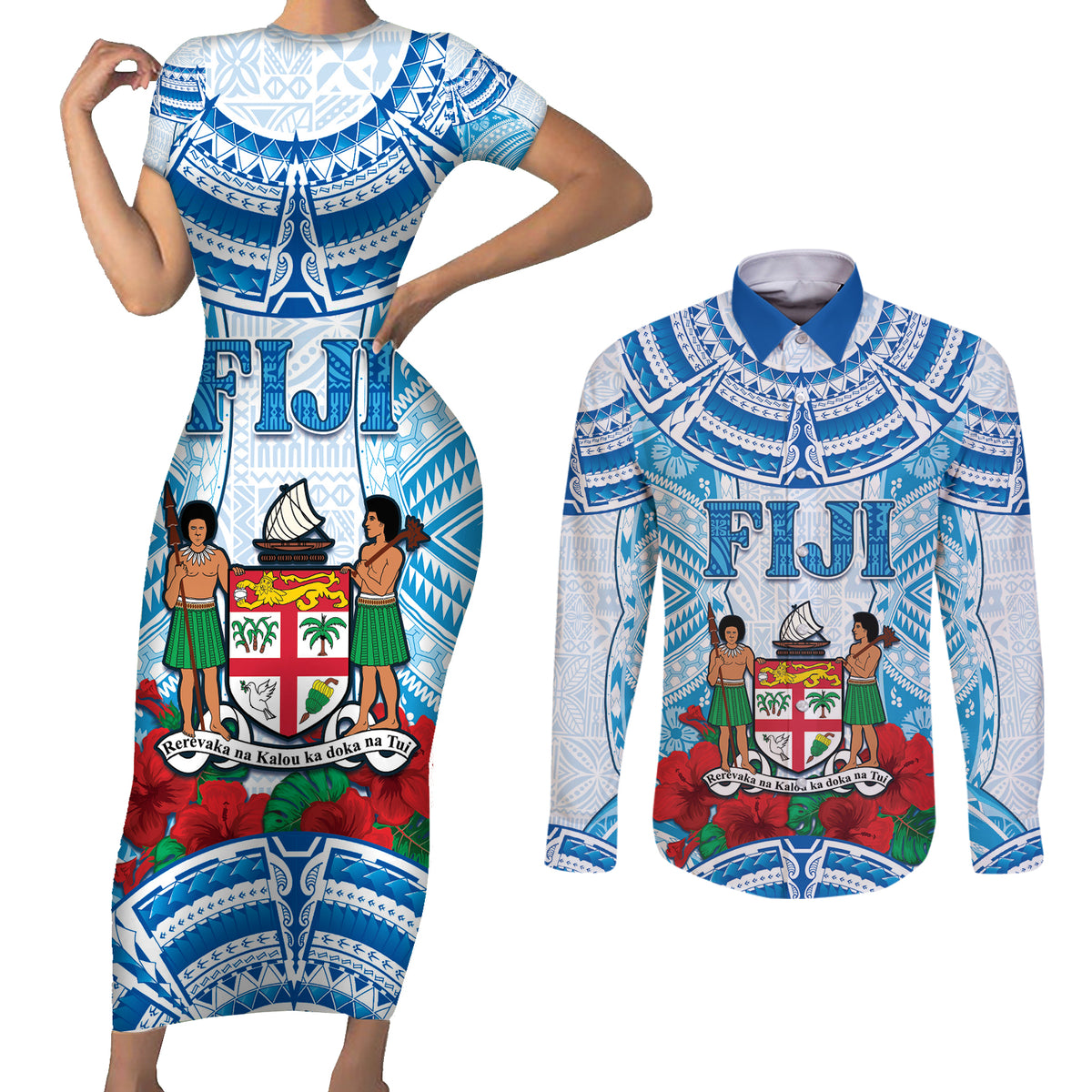 Personalised Fiji Ratu Sir Lala Sukuna Day Couples Matching Short Sleeve Bodycon Dress and Long Sleeve Button Shirt Hibiscus Tapa Pattern