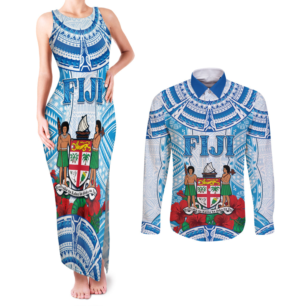 Personalised Fiji Ratu Sir Lala Sukuna Day Couples Matching Tank Maxi Dress and Long Sleeve Button Shirt Hibiscus Tapa Pattern