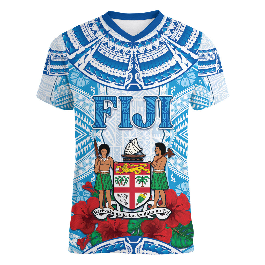 Personalised Fiji Ratu Sir Lala Sukuna Day Women V-Neck T-Shirt Hibiscus Tapa Pattern