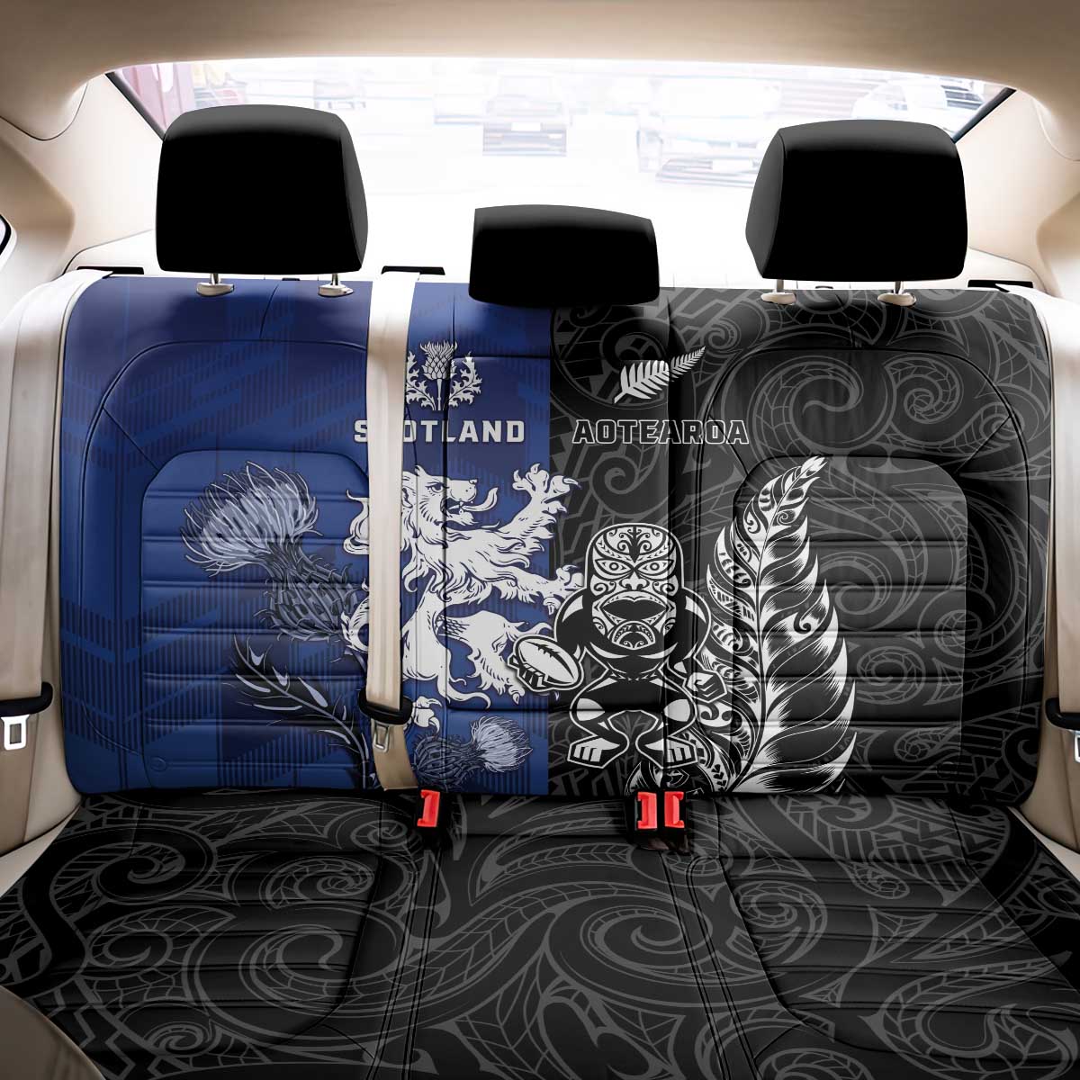 New Zealand And Scotland Rugby Back Car Seat Cover Maori Tiki With Thistle Together