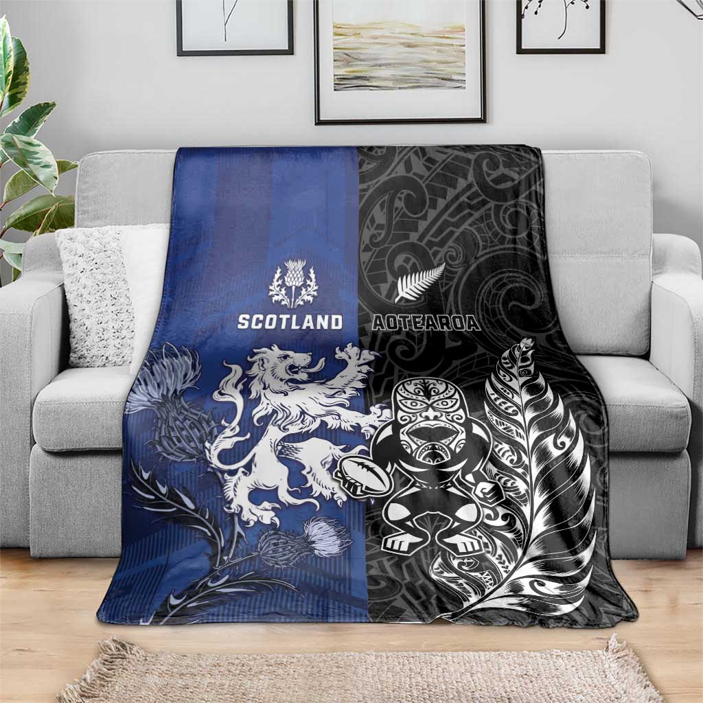 New Zealand And Scotland Rugby Blanket Maori Tiki With Thistle Together