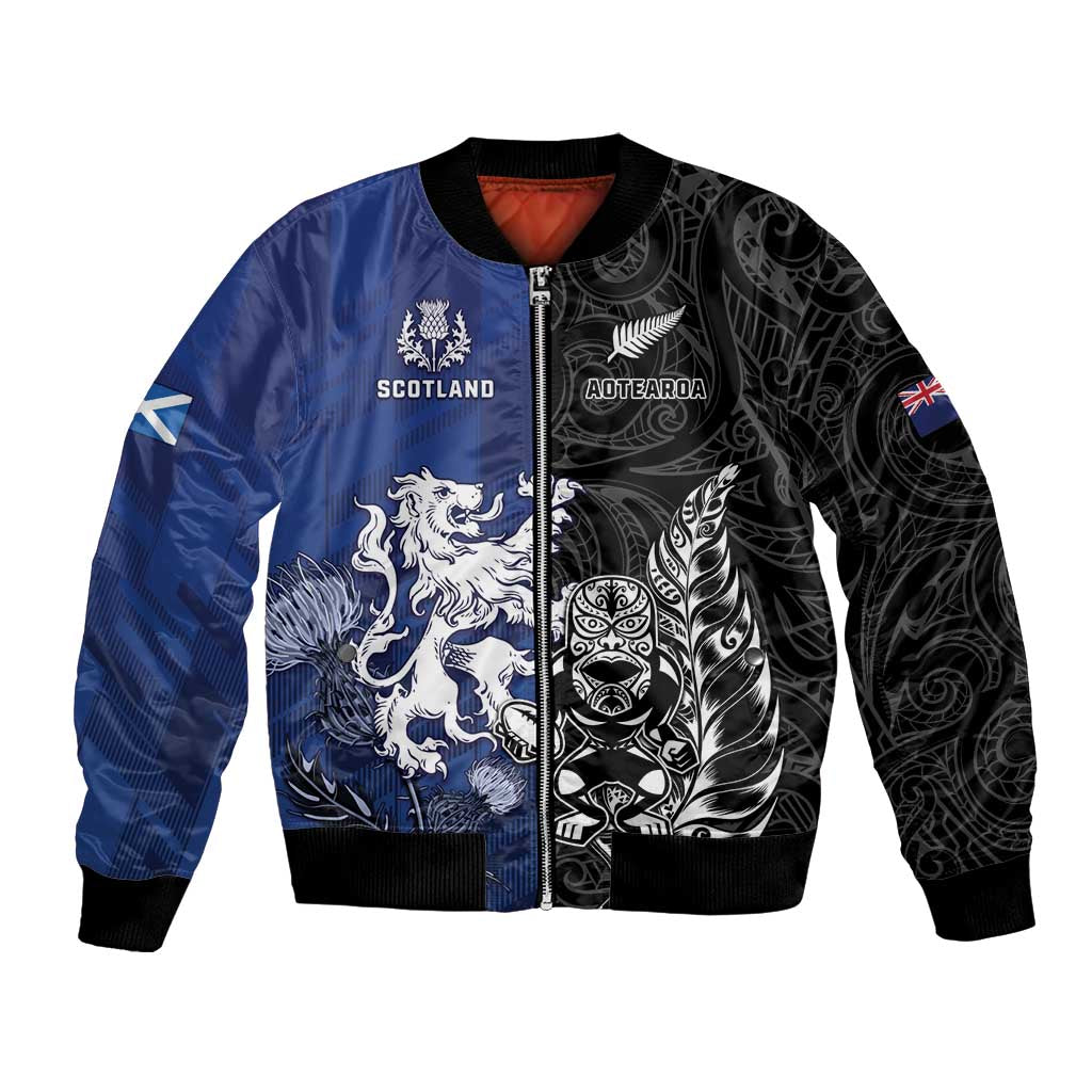 New Zealand And Scotland Rugby Custom Bomber Jacket Maori Tiki With Thistle Together