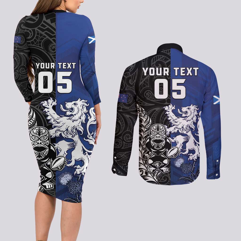New Zealand And Scotland Rugby Custom Couples Matching Long Sleeve Bodycon Dress and Long Sleeve Button Shirt Maori Tiki With Thistle Together