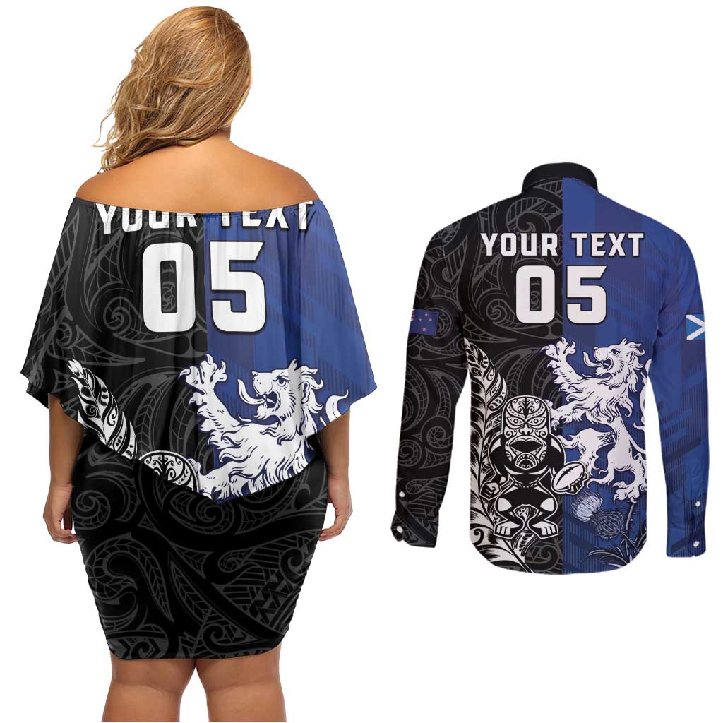 New Zealand And Scotland Rugby Custom Couples Matching Off Shoulder Short Dress and Long Sleeve Button Shirt Maori Tiki With Thistle Together