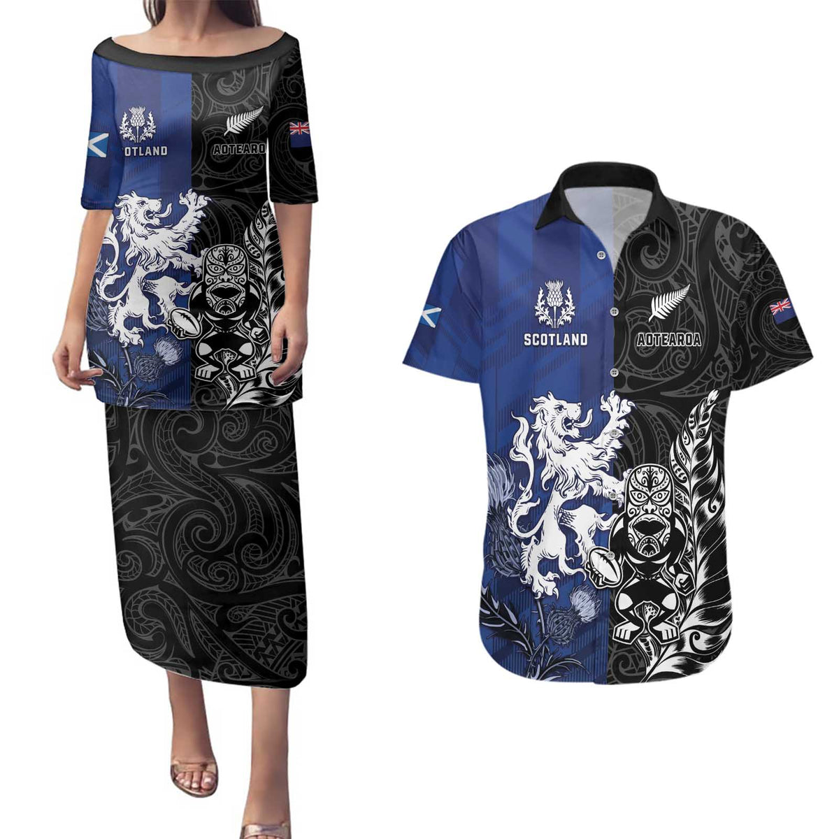New Zealand And Scotland Rugby Custom Couples Matching Puletasi and Hawaiian Shirt Maori Tiki With Thistle Together