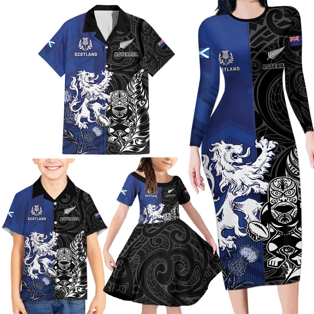 New Zealand And Scotland Rugby Custom Family Matching Long Sleeve Bodycon Dress and Hawaiian Shirt Maori Tiki With Thistle Together