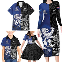 New Zealand And Scotland Rugby Custom Family Matching Long Sleeve Bodycon Dress and Hawaiian Shirt Maori Tiki With Thistle Together
