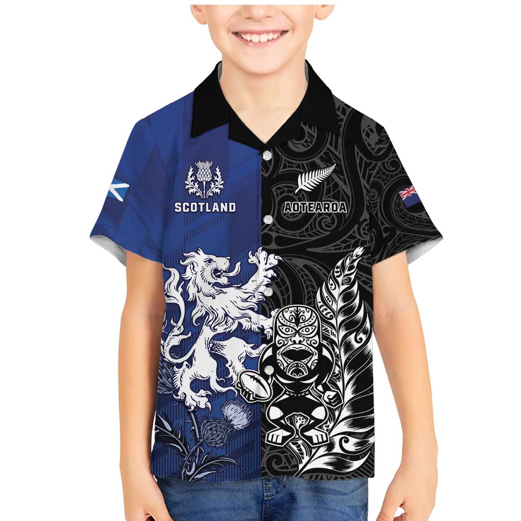 New Zealand And Scotland Rugby Custom Family Matching Mermaid Dress and Hawaiian Shirt Maori Tiki With Thistle Together