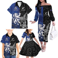 New Zealand And Scotland Rugby Custom Family Matching Off The Shoulder Long Sleeve Dress and Hawaiian Shirt Maori Tiki With Thistle Together