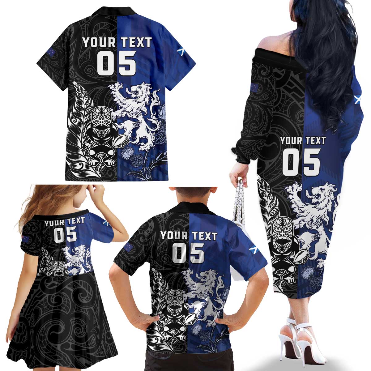 New Zealand And Scotland Rugby Custom Family Matching Off The Shoulder Long Sleeve Dress and Hawaiian Shirt Maori Tiki With Thistle Together