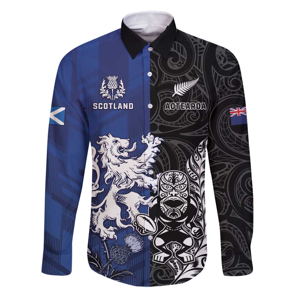 New Zealand And Scotland Rugby Custom Family Matching Puletasi and Hawaiian Shirt Maori Tiki With Thistle Together