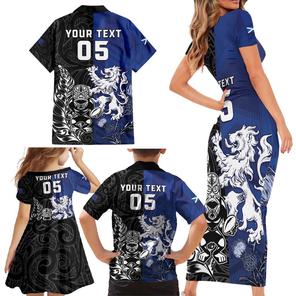 New Zealand And Scotland Rugby Custom Family Matching Short Sleeve Bodycon Dress and Hawaiian Shirt Maori Tiki With Thistle Together