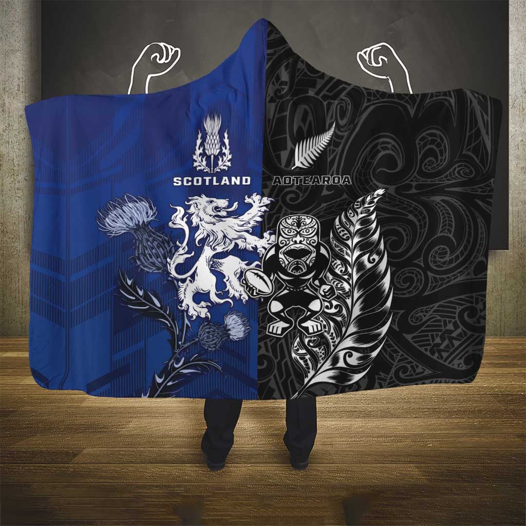 New Zealand And Scotland Rugby Hooded Blanket Maori Tiki With Thistle Together