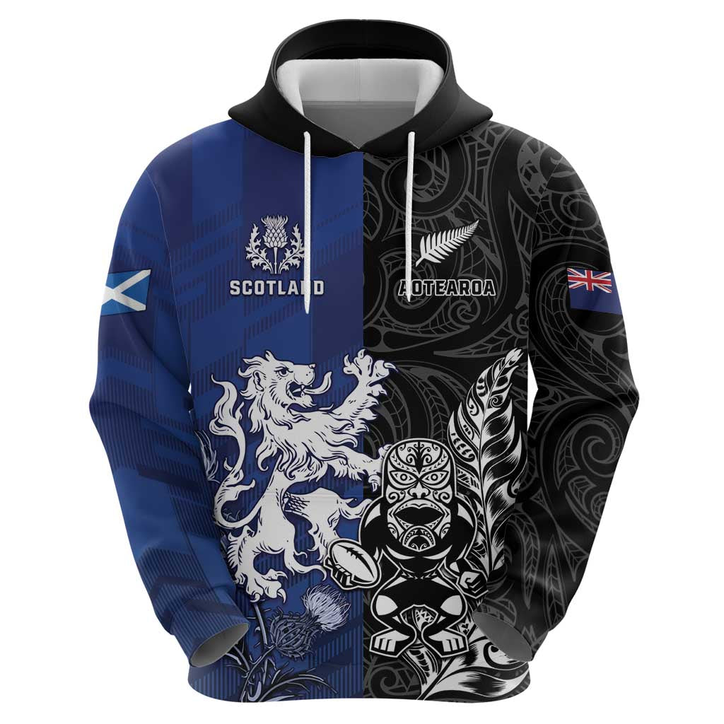 New Zealand And Scotland Rugby Custom Hoodie Maori Tiki With Thistle Together
