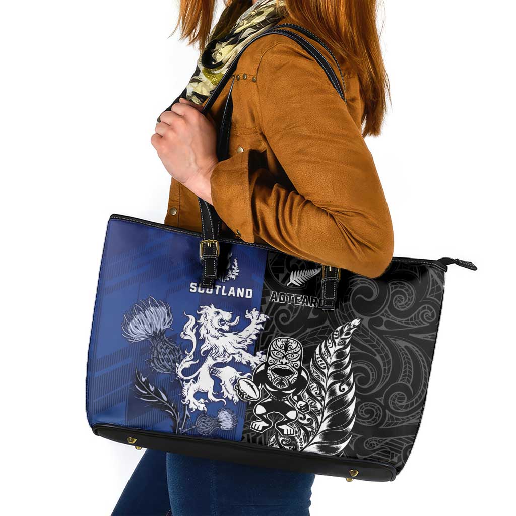 New Zealand And Scotland Rugby Leather Tote Bag Maori Tiki With Thistle Together