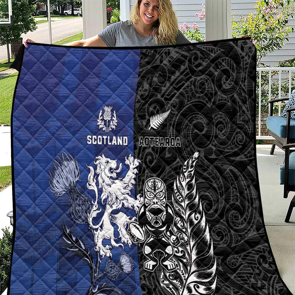 New Zealand And Scotland Rugby Quilt Maori Tiki With Thistle Together LT05 Black - Polynesian Pride