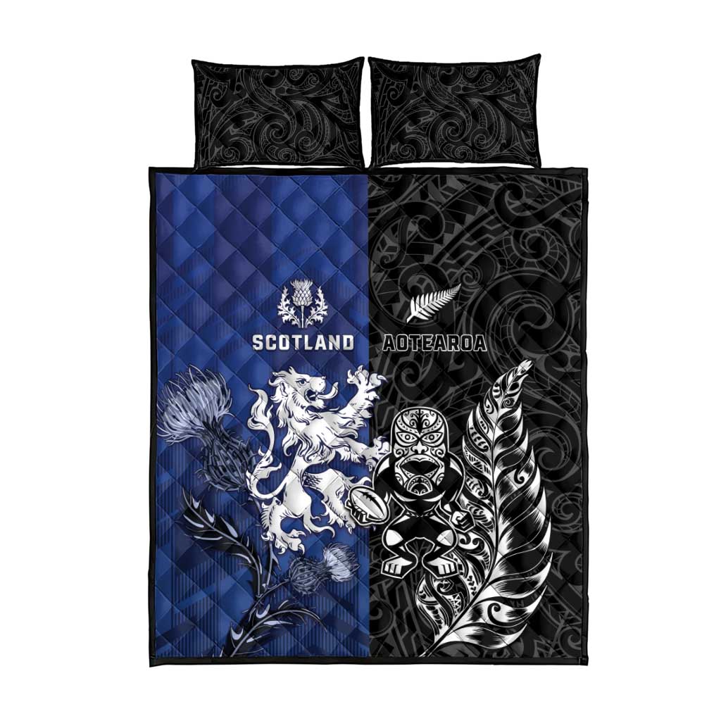 New Zealand And Scotland Rugby Quilt Bed Set Maori Tiki With Thistle Together