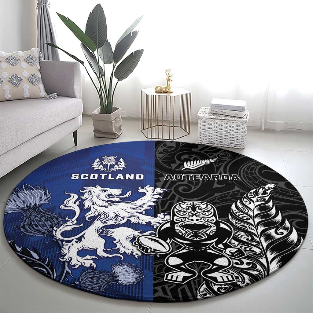 New Zealand And Scotland Rugby Round Carpet Maori Tiki With Thistle Together