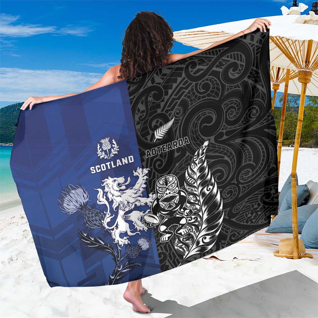 New Zealand And Scotland Rugby Sarong Maori Tiki With Thistle Together LT05 One Size 44 x 66 inches Black - Polynesian Pride