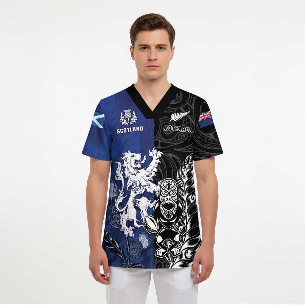 New Zealand And Scotland Rugby Custom Scrub Top Maori Tiki With Thistle Together - Polynesian Pride