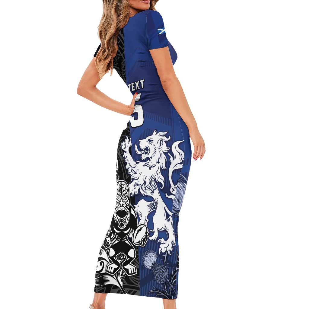 New Zealand And Scotland Rugby Custom Short Sleeve Bodycon Dress Maori Tiki With Thistle Together