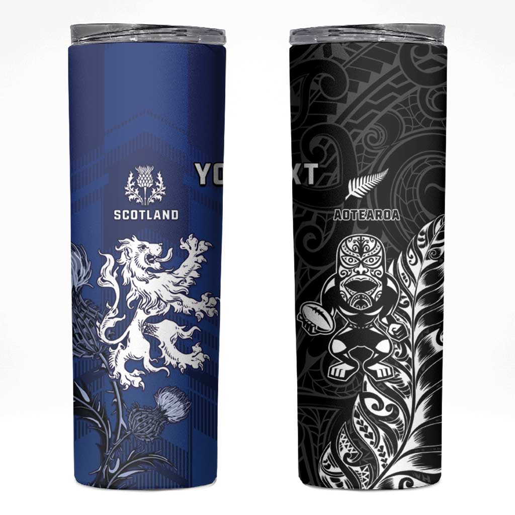 New Zealand And Scotland Rugby Custom Skinny Tumbler Maori Tiki With Thistle Together LT05 Black - Polynesian Pride