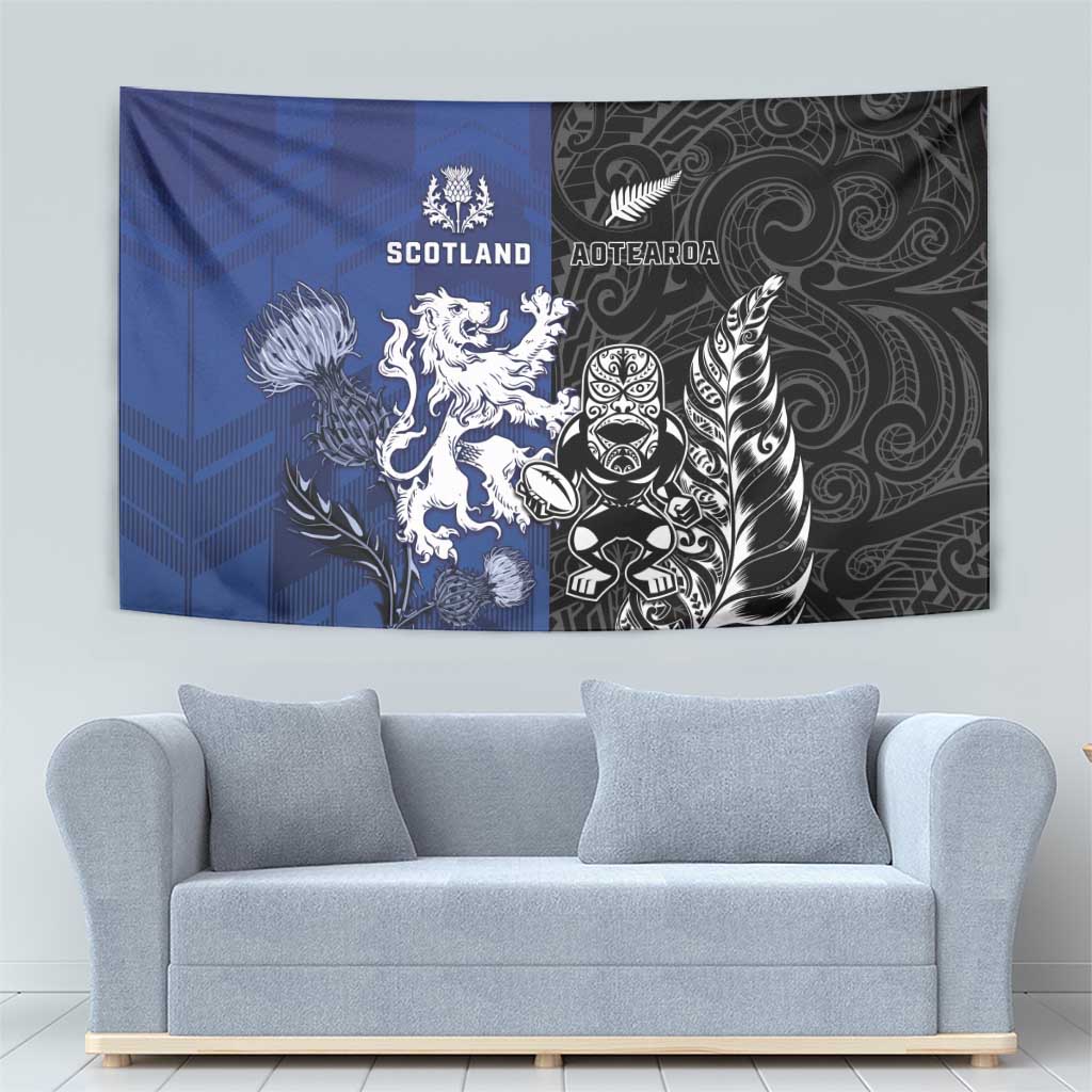 New Zealand And Scotland Rugby Tapestry Maori Tiki With Thistle Together