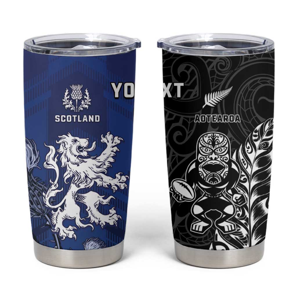 New Zealand And Scotland Rugby Custom Tumbler Cup Maori Tiki With Thistle Together LT05 Black - Polynesian Pride