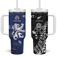 New Zealand And Scotland Rugby Custom Tumbler With Handle Maori Tiki With Thistle Together LT05 One Size: 40 oz Black - Polynesian Pride