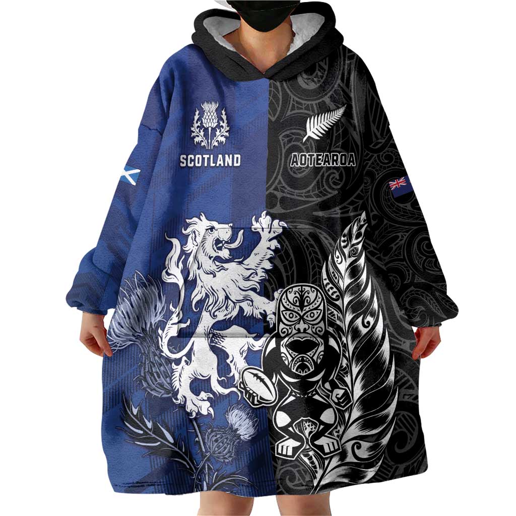 New Zealand And Scotland Rugby Custom Wearable Blanket Hoodie Maori Tiki With Thistle Together