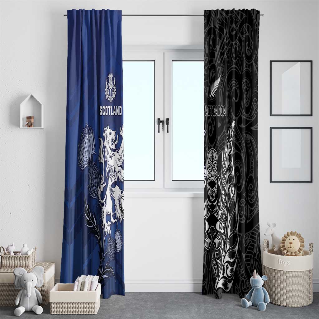 New Zealand And Scotland Rugby Window Curtain Maori Tiki With Thistle Together