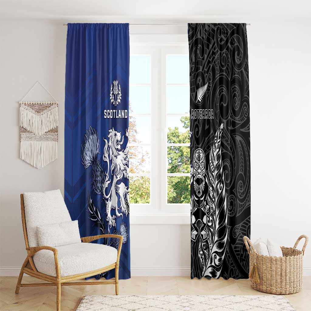 New Zealand And Scotland Rugby Window Curtain Maori Tiki With Thistle Together