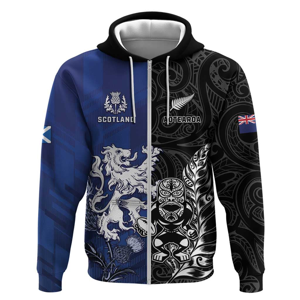 New Zealand And Scotland Rugby Custom Zip Hoodie Maori Tiki With Thistle Together LT05 Zip Hoodie Black - Polynesian Pride