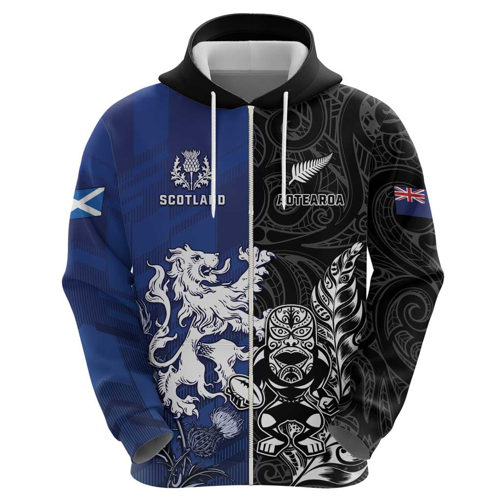 New Zealand And Scotland Rugby Custom Zip Hoodie Maori Tiki With Thistle Together LT05 - Polynesian Pride