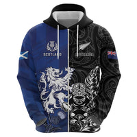 New Zealand And Scotland Rugby Custom Zip Hoodie Maori Tiki With Thistle Together LT05 - Polynesian Pride